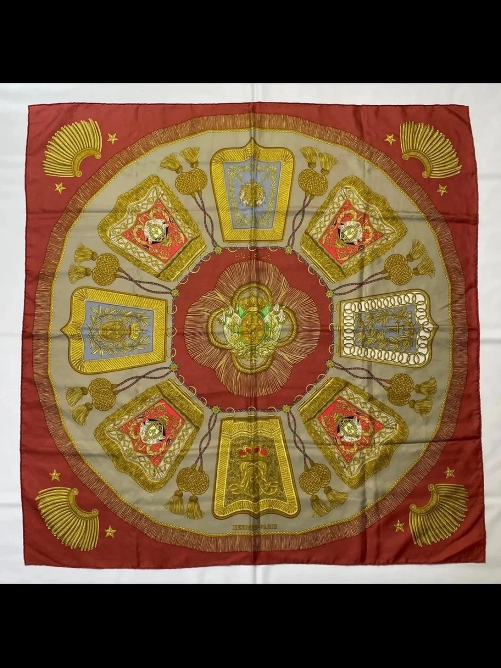 Hermes Red Gold Gray Printed Silk Scarf